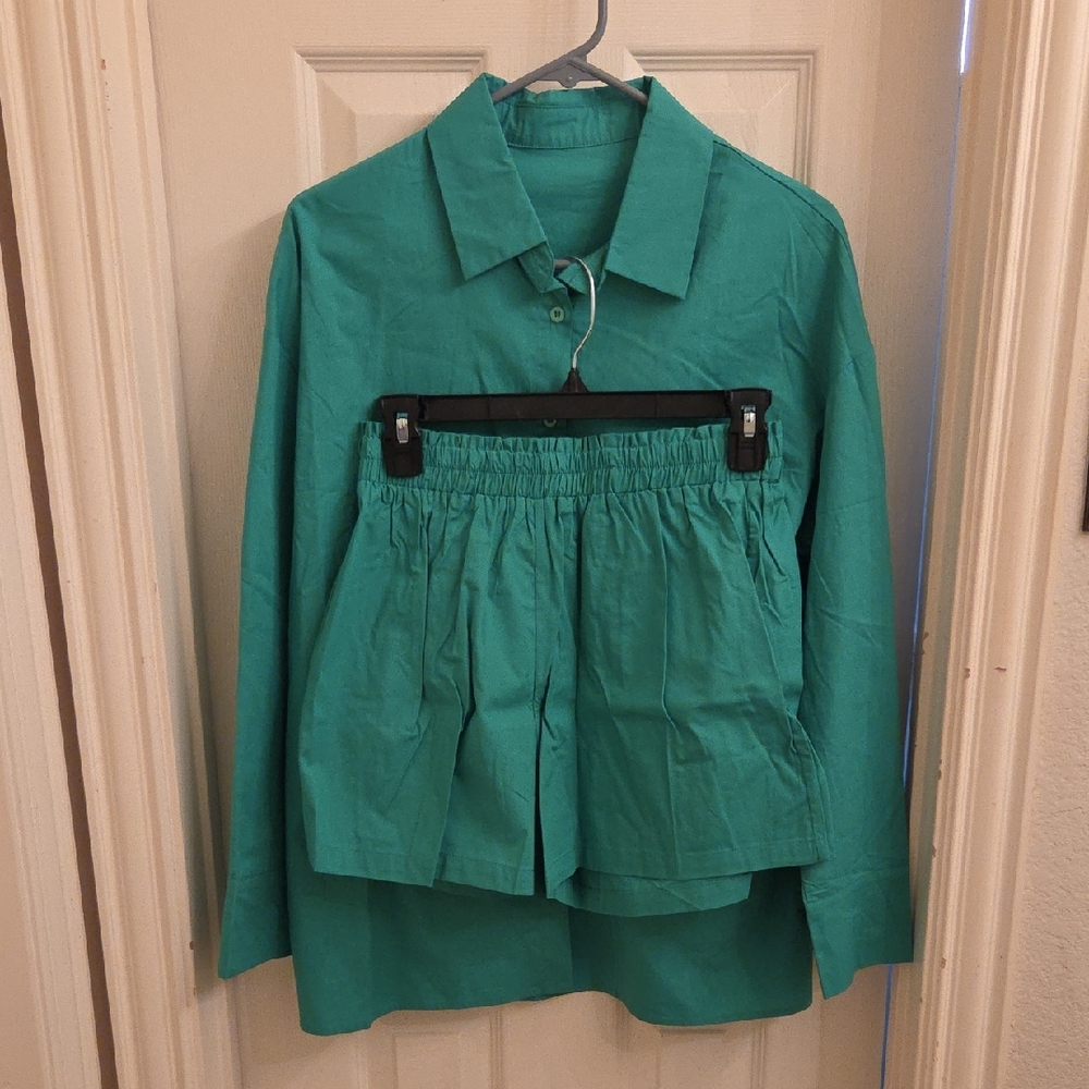 Green Button-Up Shirt and Shorts Set